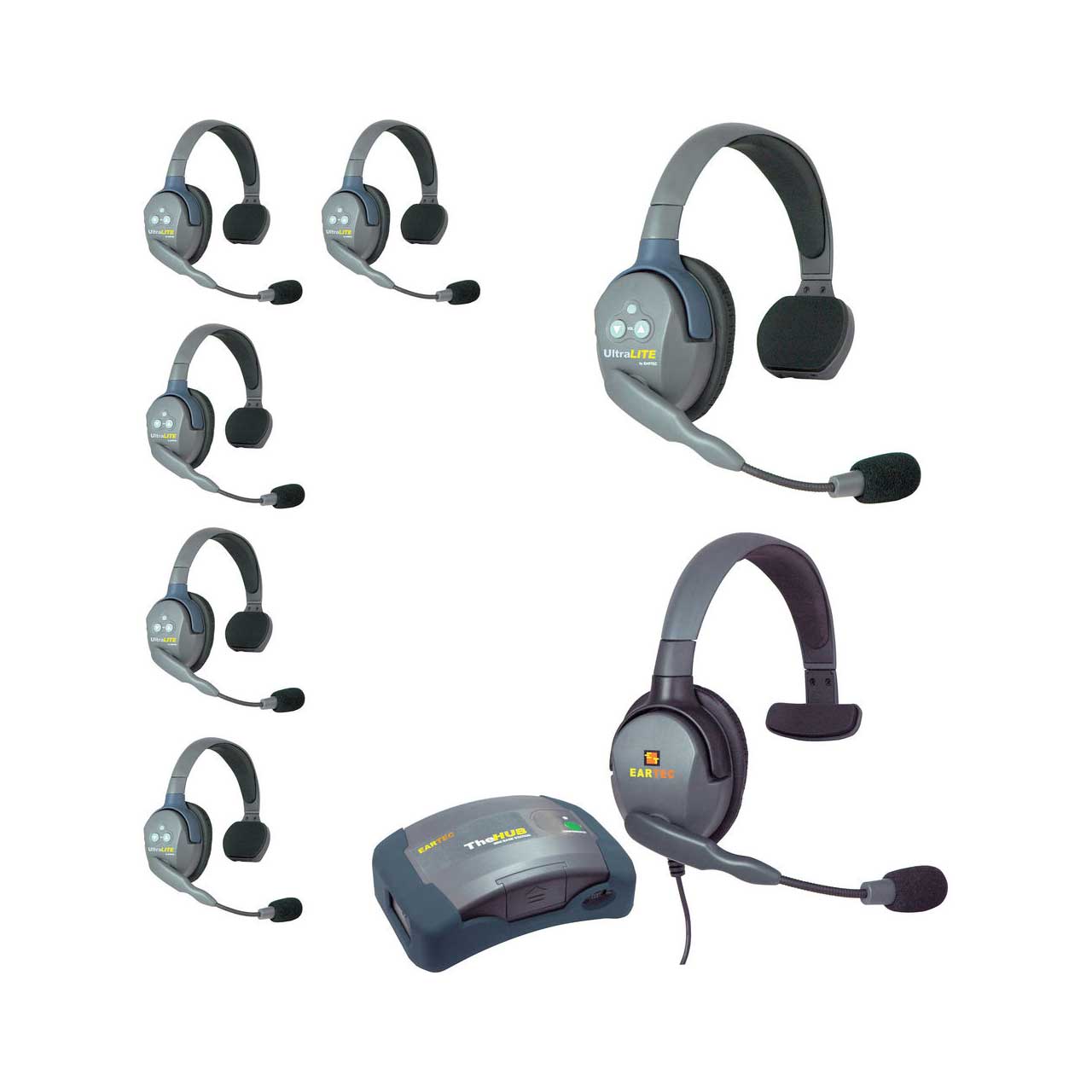 Eartec UltraLITE/HUB 7-Person Full Duplex Wireless Intercom System HUB/6  Single Headsets/1 Max 4G Single Headset