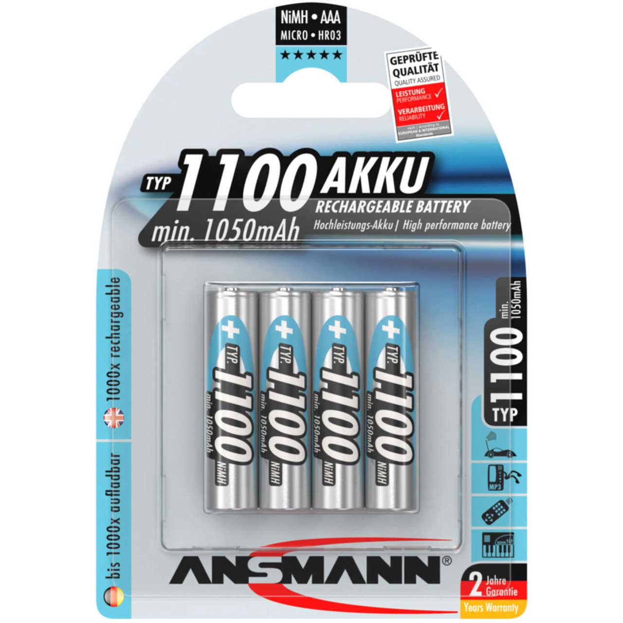 Pack of 4 High Capacity NiMH Rechargeable AAA Batteries