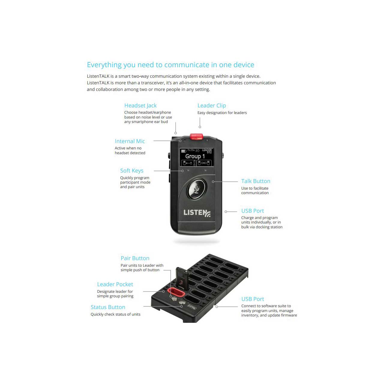 Listen Technologies LKS-3 ListenTALK Collabor-8 System 8-Person Assistive  Listening  Intercom System with Headsets